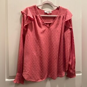 LOFT Coral Textured Blouse with Ruffle Sleeves